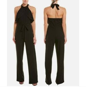 BEBE BLACK HIGH NECK HALTER RUFFLE OPEN BACK WIDE LEG JUMPSUIT TIE WAIST SIZE 10
